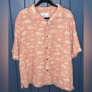 Mens 28 Palms Salmon Orange Fish Print Silk Linen Hawaiian Shirt XL Tropical